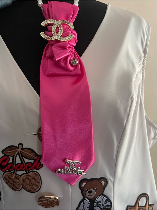 Brooch tie Accessories - Fuchsia Satin Scarf with Crystal Interlock Accent